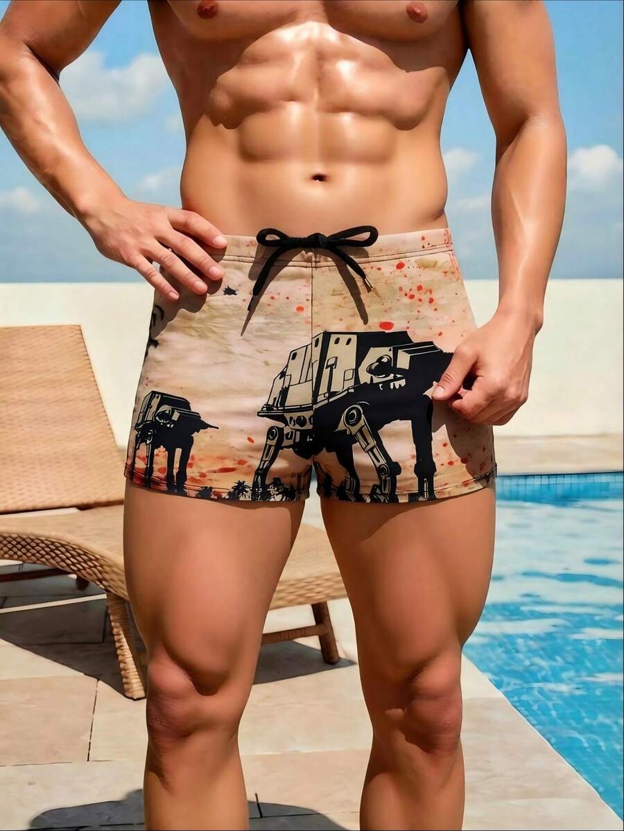 男士戶外運動平口泳褲，休閒度假沙灘短褲，高彈性泳裝
