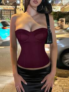 Yuwenier 性感優雅深紫色修身束腰上衣，帶骨架綁帶後背塑形短版抹胸上衣，情人節派對度假女性夏季上衣 - 紫色 - 查看 4