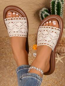 1 Pair Women's Beige Flat Hollow Out Thick Sole Sandals Casual Fairy Vacation Style Spring Summer Fashion Comfortable Versatile Slides - Beige - View 6