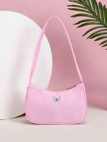 1pc Solid Color Nylon Zipper Butterfly Print Shoulder Underarm Bag. Minimalist And Fashionable, Suitable For Daily Use. Smooth Zipper, High-End Solid Color Matching, Also A Great Gift. - Multicolor - View 3