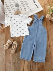 2pcs/Set Baby Girl Denim Outfit, Bowknot All-Over Print Striped T-Shirt With Soft Cute Washed Blue Straight Leg Overalls, Casual Wear, Adorable, Energetic, Versatile And Comfortable - Multicolor - View 3