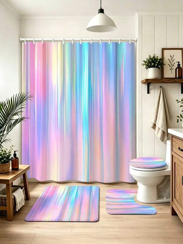 Colorful Aurora Gradient Pink Blue Purple Vertical Striped Bathroom Shower Curtain Thickened Waterproof Mildew-Resistant Shower Partition Fabric Toilet Seat Cover U-Shaped Foot Mat Floor Mat Full Set Luxury Gentle Bathroom 4-Piece Set, Colorful Aurora Gradient Pink Blue Purple Vertical Striped Bathroom Shower Curtain Thickened Waterproof Mildew-Resistant Shower Partition Fabric Toilet Seat Cover U-Shaped Foot Mat Floor Mat Full Set Luxury Gentle Bathroom 4-Piece Set