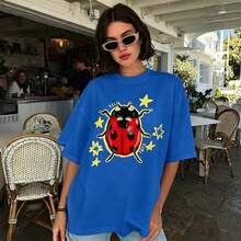 100% Cotton Unisex Tee, Star & Ladybug Print, Vintage Style, Premium Fabric, Summer Graphic Top, Ideal For Daily Wear & Holiday Gifts - 藍色2 - 查看 11