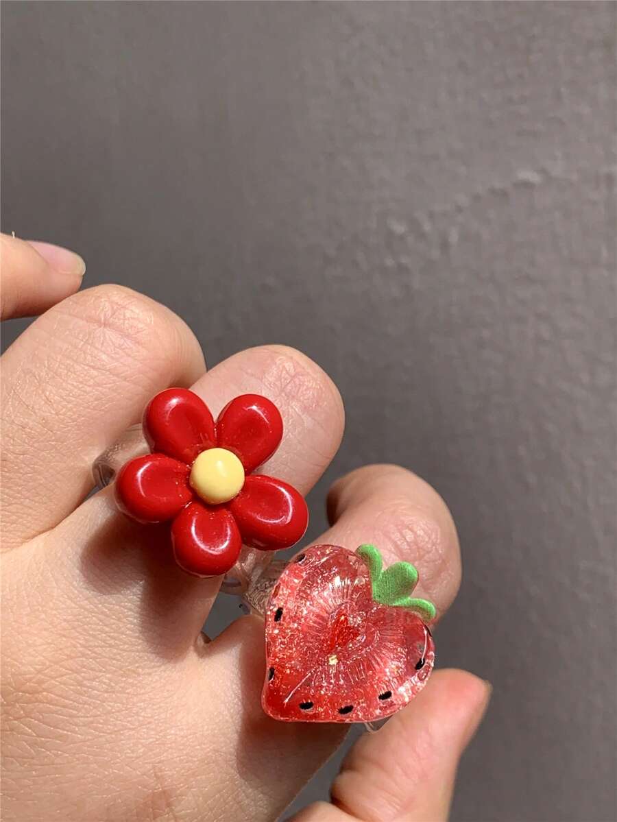 1個/2個 紅心草莓花朵樹脂戒指，約會節日日常佩戴，女款戒指，情人節珠寶，多彩女款戒指