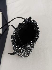 Women's Drawstring Mini Crossbody Bucket Bag, Quilted Pattern, Daily Outdoor Use - Silver - View 8
