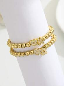 1pc Zirconia Decorated Heart & A-Z Initial Decorated Elastic Bead Bracelet, Girls Birthday Gift, Daily Versatile Jewelry - Gold - View 3