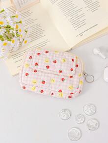 Strawberry & Plaid Print Quilted Cosmetic Bag Portable Sanitary Napkin Organizer With Keyring Cute Mini Storage Bags Heart Pattern Coin Purses Pouch - Multicolor - View 12