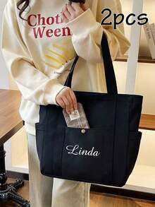 LICVIC 1/2Pcs Personalized Name Canvas Custom Tote Bag, Large Capacity Shoulder Bag, Lightweight Multifunction Travel Organizer, Versatile Daily Carry Bag, Personalized Gift, Bridesmaid Gift - Multicolor - View 10