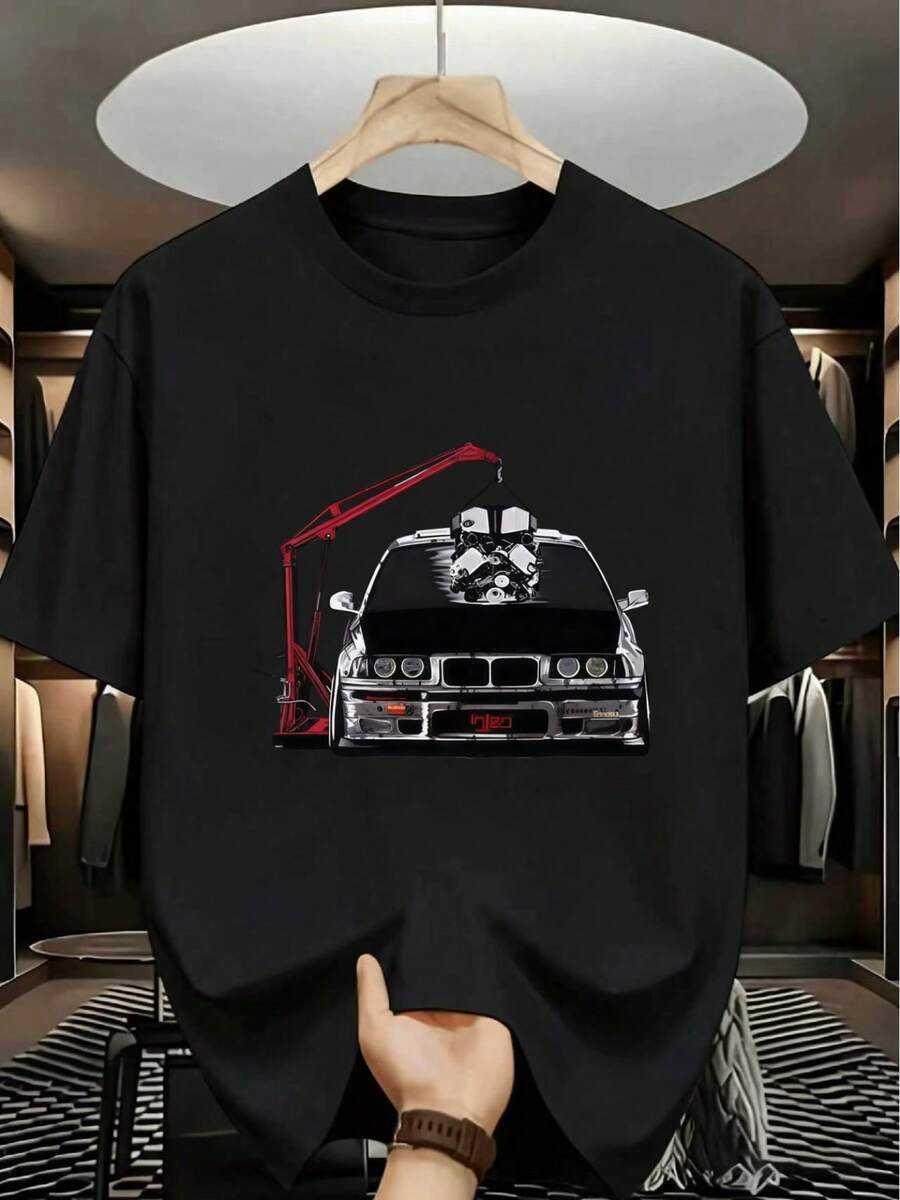 Style mature pour l'été T Chemise,Présente une conception améliorée du col rond.,Avec des détails exquis E36Autocollants de voiture modifiés,Conception de texture automobile,Coupe ample. - Noir - Voir 1