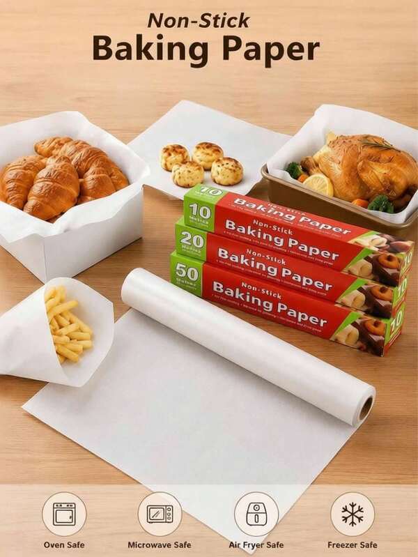 1 Roll Non-Stick Baking Paper, Sizes 30cm X 10m, 20m, 50m. Silicone Coated Parchment Paper, Oil-Resistant, Waterproof, Stain-Resistant, High-Temperature Resistant Baking Sheet, Easy To Cut Baking Liner, Suitable For Oven, Air Fryer, Microwave And Freezer. Kitchen Cooking Baking, Grilling, BBQ Food Wrapping Paper, Suitable For Making Cookies, Cakes, Bread, Pizza, Pastries, Chicken, Fish, Burgers, Sandwiches And Food Storage. Practical Home Kitchen Baking Accessory