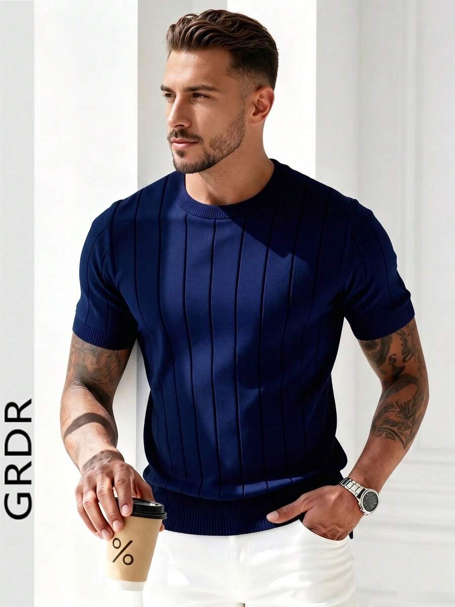 GRDR Men's Summer Ribbed Crew Neck Lightweight Knit Short Sleeve Sweater