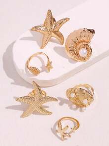 6pcs Bohemian Vintage Fashion Unique Personalized Exaggerated Pearl Shell Starfish Women's Ring Set, Suitable For Summer Commute, Beach Vacation, Women's Jewelry - Multicolor - View 5