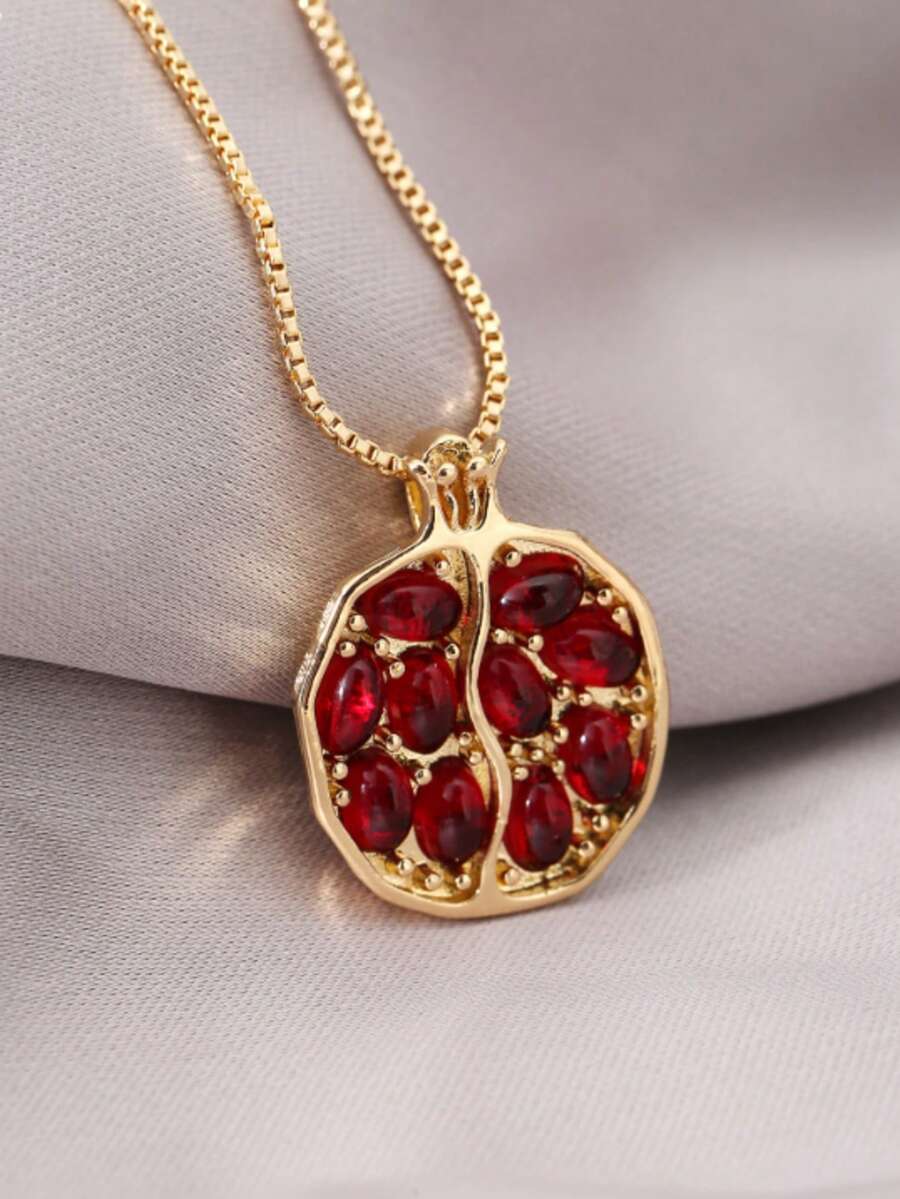 1pc Fashion Red Pomegranate Seed Pendant Necklace For Women - Yellow Gold - View 1
