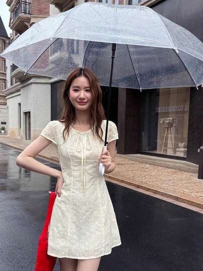 YCYC Korean Style Bow Decor Women's Versatile Slouchy Back Zipper Short Sleeve Short Dress