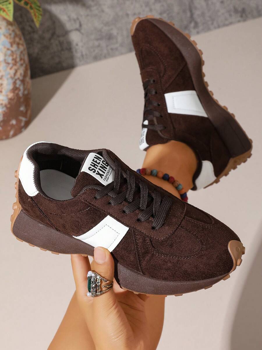 Women's Leopard Print Suede Colorblock Platform Sneakers, Retro Height Increasing Non Slip Walking Trainers - Brown - View 1