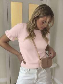 Women's Casual Solid Color Round Neck Frill Trim Ruched Short Sleeve Loose Wool Blend T-Shirt Top, Spring/Autumn Pink Summer - Pink - View 4