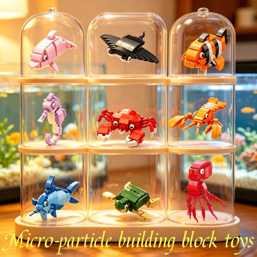 9pcs Realistic Ocean Animal Micro Particle Building Blocks, Multiple Underwater Creature 3D Assembly Models, ABS Material Healing Desktop Entryway Decor, Educational Stress Relief Handmade Toy, Building Block Collection, Back To School Graduation Birthday Anniversary Children Holiday Gift - 彩色 - 查看 1