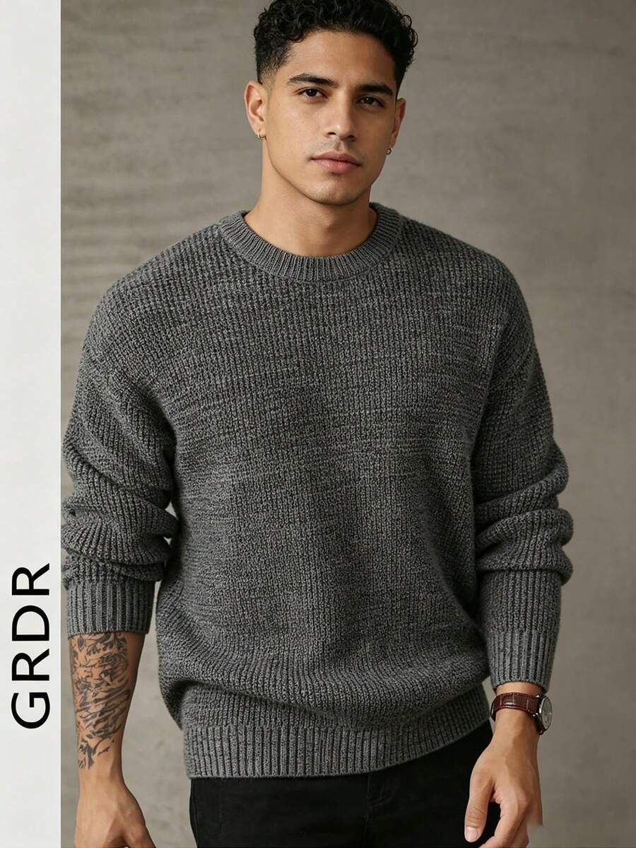 GRDR Men's Casual Jacquard Knit Crew Neck Long Sleeve Sweater - Dark Grey - View 1