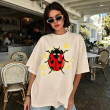 100% Cotton Unisex Tee, Star & Ladybug Print, Vintage Style, Premium Fabric, Summer Graphic Top, Ideal For Daily Wear & Holiday Gifts - Light Apricot - 查看 11