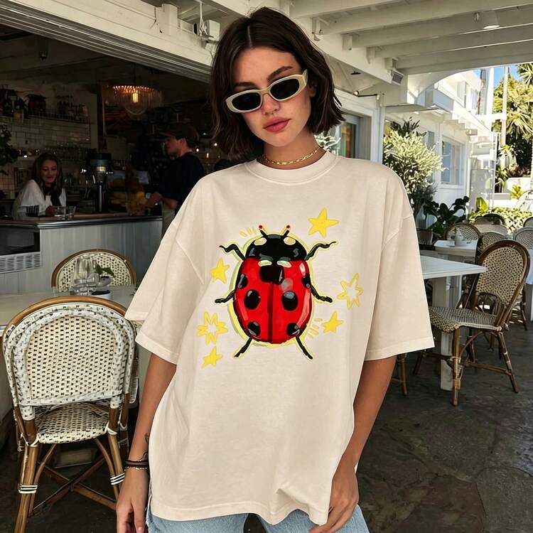 100% Cotton Unisex Tee, Star & Ladybug Print, Vintage Style, Premium Fabric, Summer Graphic Top, Ideal For Daily Wear & Holiday Gifts - Light Apricot - 查看 11