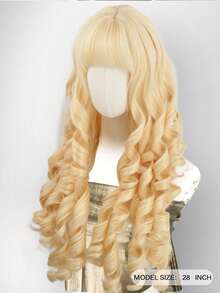 28 Inch Blonde Spiral Curly Synthetic Wig With Bangs, Long Heat-Resistant Full Wig For Women, Natural Cosplay And Daily Party Wig - Gold - View 4