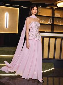 Elegant Women's Mermaid Style Formal Dress, Featuring Beaded Details, Intricate Embroidery And Sequin Design, 2 In 1 Style With Shawl, Soft Fabric Suitable For Evening Gala, Party, And Other Occasions - Pink - View 4