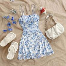 Vestido de tirantes con estampado floral de verano, vestido midi sexy con tirantes finos que estiliza la cintura, atuendo informal para vacaciones en la playa para mujer. - Azul - Ver 4