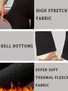 Women's Solid Color High Waist Fleece Lined Wide Leg Pants, Designed For Autumn/Winter Warmth, Casual Style, Suitable For Outdoor Wear - Black - View 6