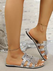 Women's Flat Sandals, Summer Fashion Multi-Functional Tassel Rivet Crocodile Embossed Sandals, Round Toe Open Toe Outdoor Beach Shoes - Silver - View 5