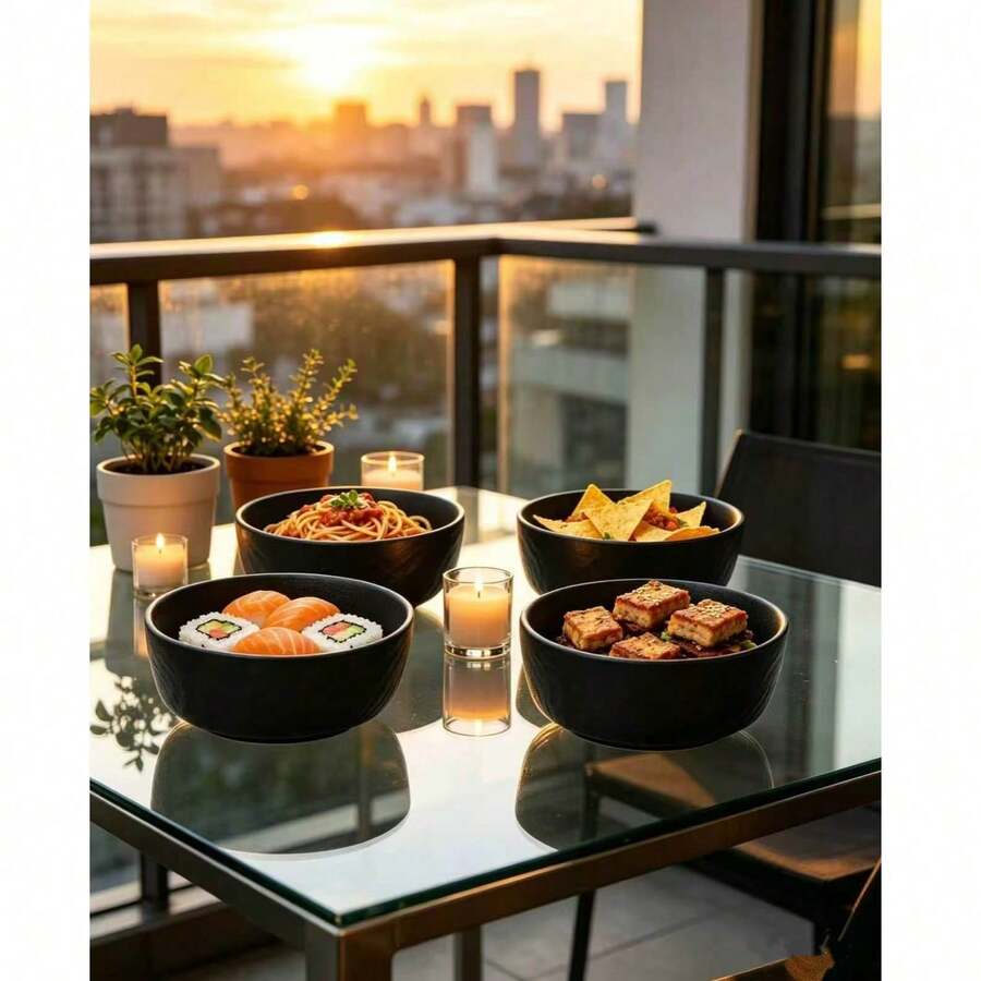 Set Of 4 Handmade Black Ceramic Bowls With Wavy Texture, Suitable For Dinner, Oatmeal, Salad, Soup, Ideal For Home Kitchen, Restaurant, Picnic And Camping, Microwave And Dishwasher - Black - View 1