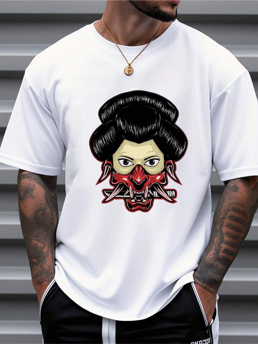 T-shirt à manches courtes en pur coton pour hommes, coupe oversize, décontracté, avec imprimé graphique stylisé de masque de geisha - Blanc - Voir 1