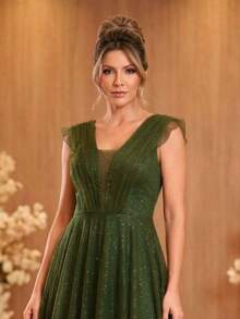 Grife Velasco Elegant Long Party Dress For Bridesmaids, Wedding, With Glitter, Ruffles, And Short Sleeves. - 橄欖綠 - 查看 10