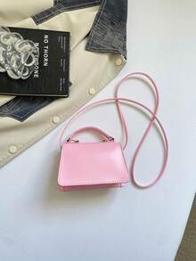 Mini Small Bag V-Shaped Embossed Solid Color PU Ruffled Edge Bow Handbag Flap Crossbody Women's Bag - Pink - View 4