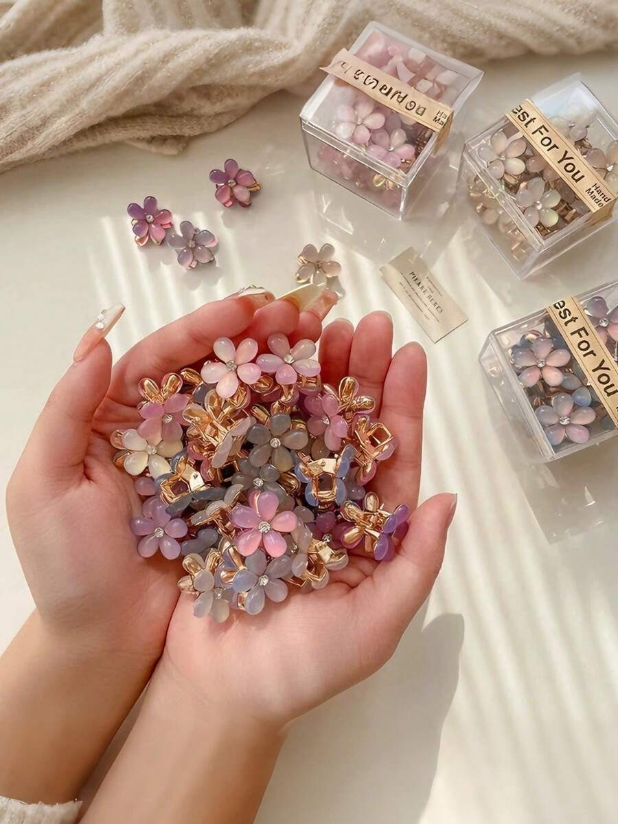 10/20pcs Random Color Combination Set Mini Flower Alloy Hair Clips, New Petal Design Girls Hair Clips, Bangs Clips, Side Hair Clips, Hair Accessories Suitable For Daily Wear And Parties - Multicolor - View 1