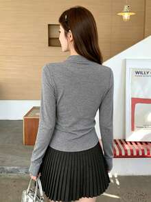 Korean Style Elegant Lace Patchwork V-Neck T-Shirt Women Spring Autumn Sweet Hot Girl Top - Grey - View 6