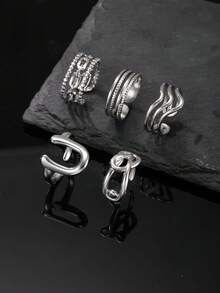 Set Cincin Pria 5 Buah dari Baja Tahan Karat, Gaya Minimalis, Rantai Gelombang Berlapis Ganda dengan Desain Putaran Berongga, Cincin Terbuka, Serbaguna untuk Pemakaian Sehari-hari, Hadiah untuk Pacar - Perak - View 4