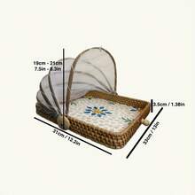 1pc Handwoven Rattan Food Serving Tray With Foldable Mesh Food Cover, Decorative Floral Inlay Wicker Fruit Bread Basket, Breathable Net Dome Tent Fly Proof Dish Platter For Picnic, - Fly Shield - View 8