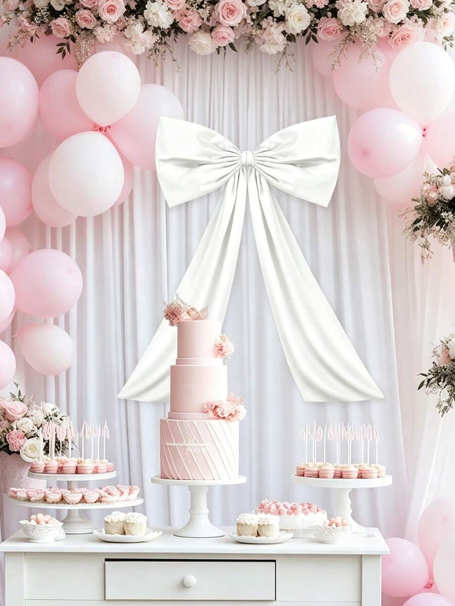 1Pc Oversized, Glossy Black Satin Bow With Long Ribbons; A Modern, Minimalist, Luxurious Gothic Decoration Suitable For Birthday Parties, Gift Wrapping, Balloon Arches, Wedding Cars, And Holiday Decorations. - 白色 - 查看 1