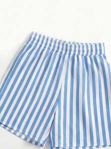 2pcs/Set Girls Vacation Style T-Shirt & Striped Shorts Set - Blue - View 5