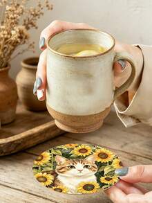 1/6pcs Cute Farm Cat Print Wooden Coasters, Rustic Sunflower Kitten Drink Coaster Set, Coffee Table Heat-Insulating Coasters, Home Decor, Kitchen Bar, Party Tabletop Protection, Non-Slip Beverage Coasters, Cat Lover Housewarming Gift - Multicolor - View 4