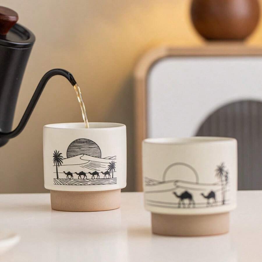 1Pc Saudi Arabic Coffee Ceramic Cup, Middle Eastern Hand-Painted Camel Mug, Thick Handle Tea Cup, Ramadan Eid Mubarak Home Office Decor Gift - Multicolor - View 1