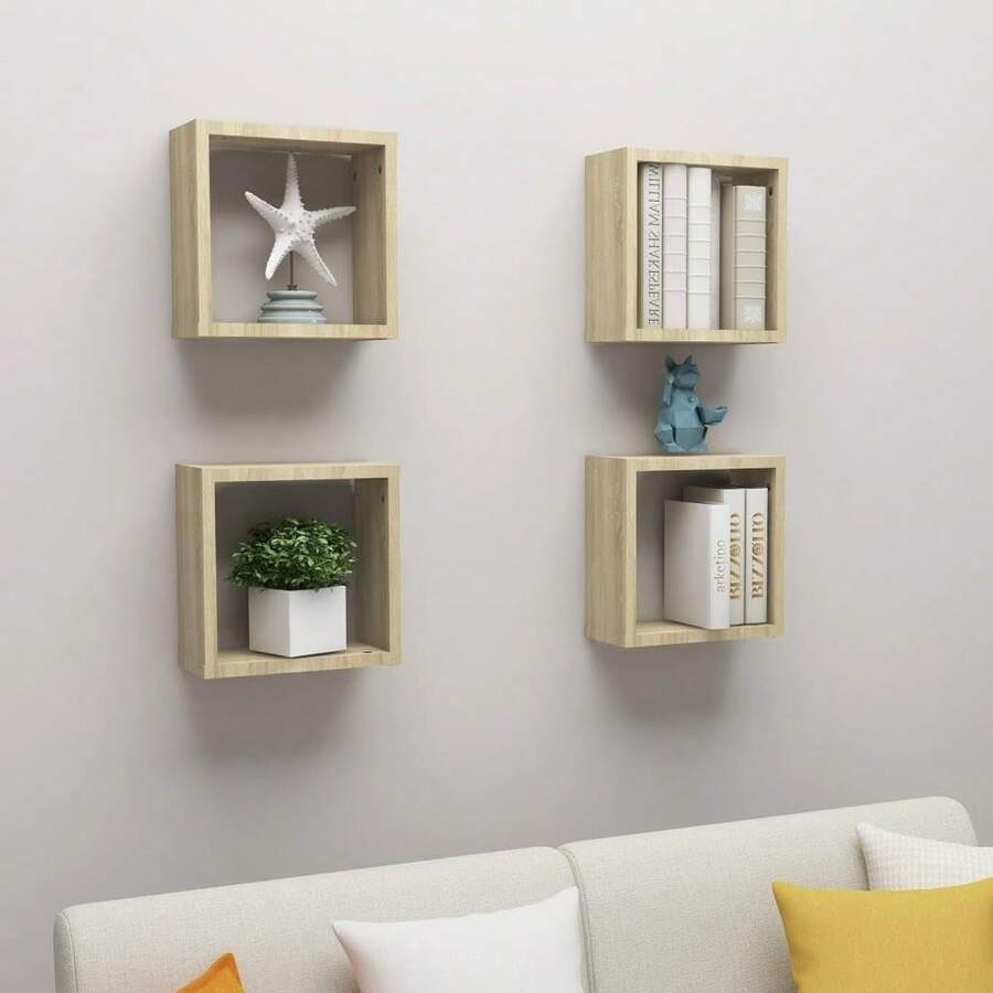 vidaXL 4X Cube Shelf Wall Shelf Hanging Shelf Cube Lounge CD Shelf Decorative Shelf Bookshelf Floating Shelf Wall Board Shelf Cube Light Oak Khaki 30x15x30cm - Light Oak Khaki - View 1