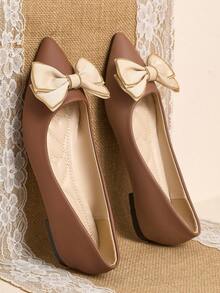 Pointed Toe Low Vamp Bow Flat Shoes, Delicate Satin Texture Soft And High-End, Versatile Shoes. - Dark Brown - View 5
