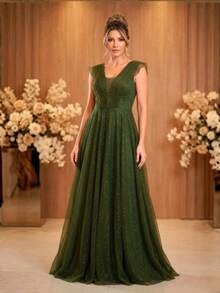 Grife Velasco Elegant Long Party Dress For Bridesmaids, Wedding, With Glitter, Ruffles, And Short Sleeves. - 橄欖綠 - 查看 6