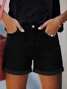 Minimalist Casual Street Style Wide Leg Loose Fit Women's Denim Shorts Hot Pants - Black - View 4