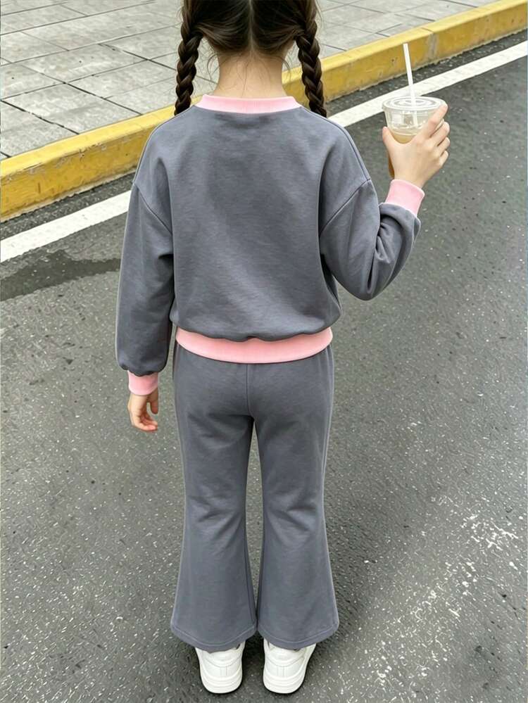 青少年女孩卡通印花圓領長袖上衣與喇叭褲套裝 - 灰色 - 查看 2