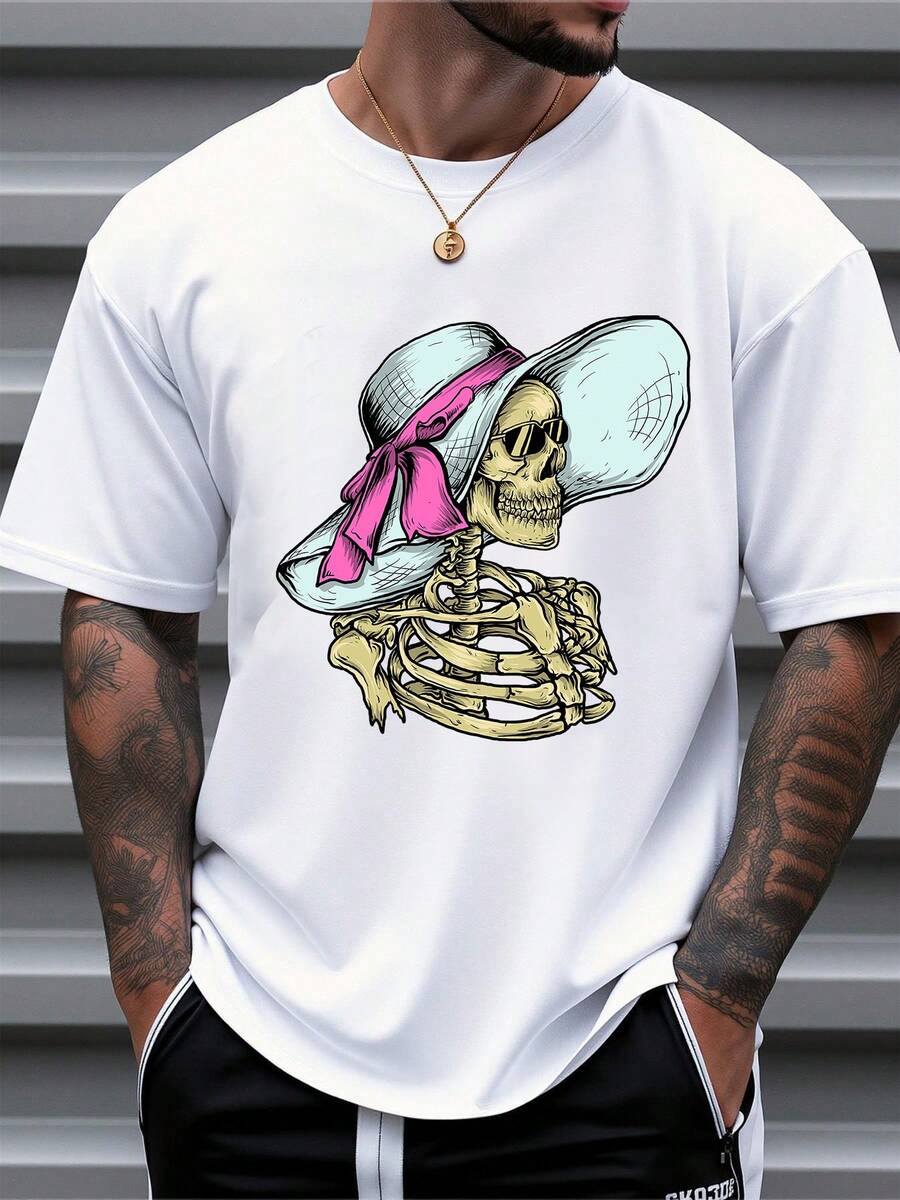 Tricou bărbați din bumbac pur, cu mânecă scurtă, croială oversized, imprimeu schelet cu pălărie, top casual streetwear - alb - Vizualizare 1