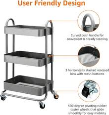 Charcoal 3-Tier Rolling Kitchen Cart With Wheels Storage Trolley For Home Office Bathroom Organization - Charcoal - View 4