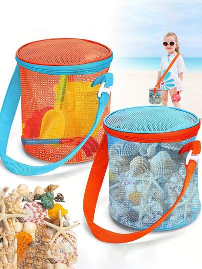1pc Children's Beach Toy Storage Mesh Bag, Breathable Drainage Shell Collection Bag, Portable Crossbody Beach Bucket Bag