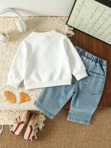 Baby Boy Cartoon Print Crew Neck Long Sleeve Sweatshirt And Denim Pants - White - View 2